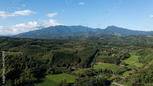 An aerial view of beautiful forest and mountain views. on a clear day Famous mountains of Nan Province, Northern Thailand, Doi Phu Kha