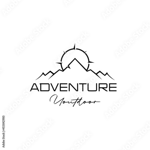 mountain and compass outdoor adventure logo design vector