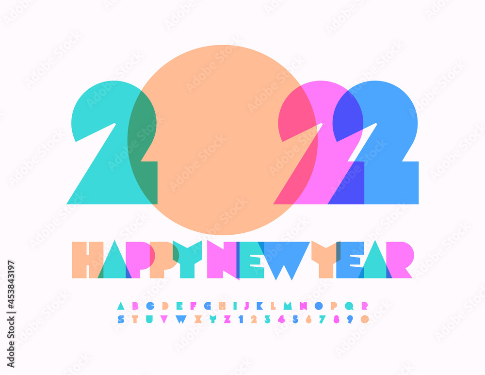 Fototapeta premium Vector artistic Greeting Card Happy New Year 2022! Watercolor abstract Alphabet Letters and Numbers set. Bright creative Font