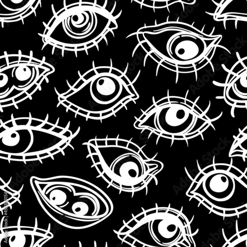 Eyes, seamless pattern over colorful dotted retro 80s, 90s abstract backgroun...