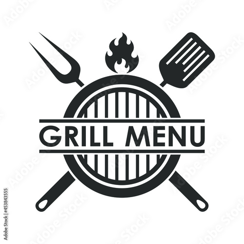 Grill menu graphic design template. Barbecue, crossed barbecue tools, flame and text "GRILL MENU" . Isolated symbol on white background. Vector illustration