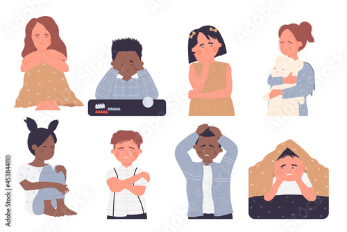 Sad kids set, depressed girls and boys cry vector illustration. Cartoon unhappy little child character sitting with sad face alone, young person crying, bad stress expression isolated on white