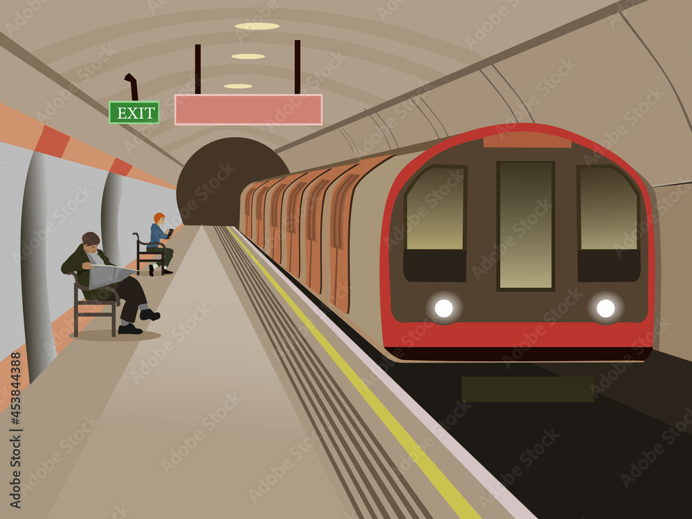 Trains in subway station .The location of the subway station has trains and passengers waiting with a white tunnel in the background.