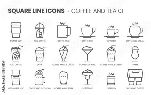 Coffee and tea 01, square line icon set.