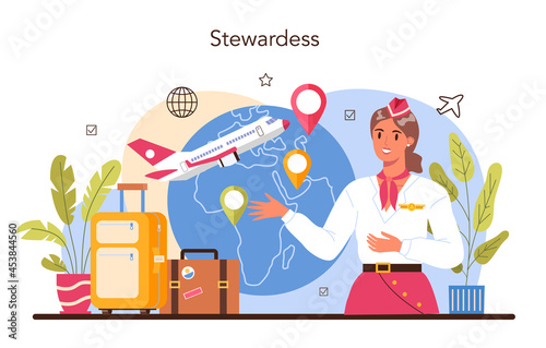 Stewardess concept. Flight attendants help passenger in airplane.
