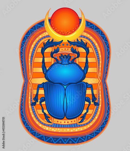 Scarabaeus sacer, Dung beetle. Sacred symbol of in ancient Egypt. Fantasy ornate insects. Isolated vector illustration. Spirituality, occultism, chemistry, occult sun tattoo.