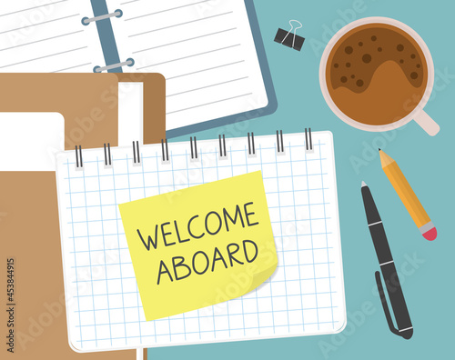 welcome aboard written on yellow sticky note - vector illustration
