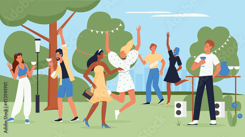Happy people dance to music at fun party vector illustration. Cartoon crowd of young man woman characters dancing and drinking drinks, dancers celebrate event with joy in summer park background