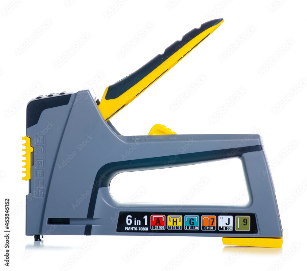 Construction stapler gun work tool on white background isolation