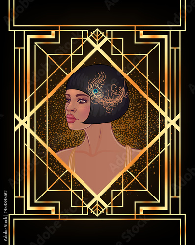 Retro fashion glamour girl of twenties African American woman. Vector illustration. Flapper 20s style. Vintage party invitation design template. Fancy black lady.