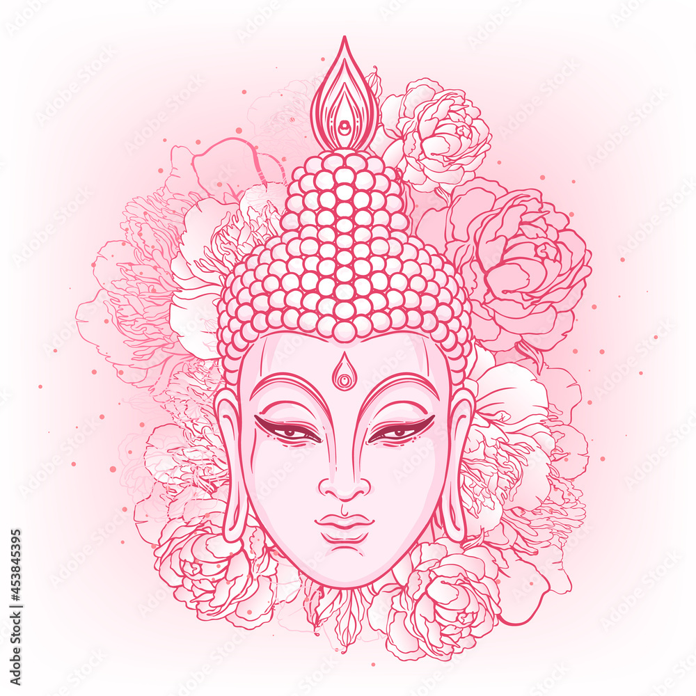 Buddha face with peonies on background. Vector illustration. Psychedelic neon composition. Indian, Buddhism, Spiritual Tattoo, yoga, spirituality. Sticker, patch, poster graphic design.