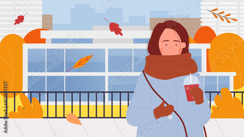 Girl with coffee walking on autumn city street vector illustration. Cartoon young happy woman character in warm coat standing near house, holding paper cup of coffee, drinking hot drink background