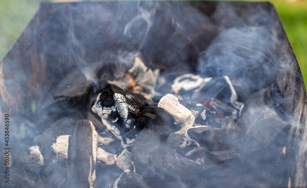 The firewood in the grill burns with a bright orange flame of fire on a natural green background. Preparation for cooking meat on the grill in nature. Fire flames and smoke 