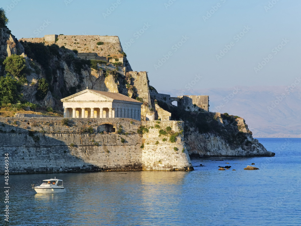 corflu island castle, liight and church of st george by the sea , greece