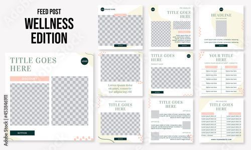 Set of editable social media instagram post wellness, with green abstract design vector template ai and eps10