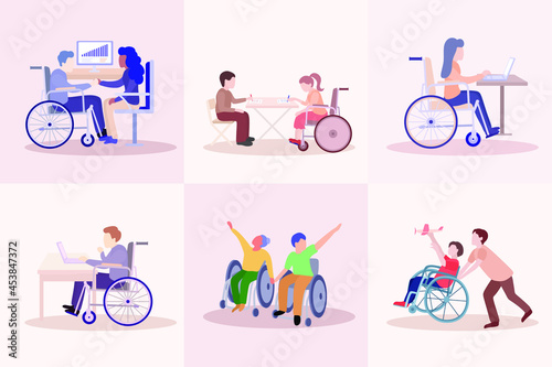 Big set of social inclusion and diversity illustrations. People with disabilities work, dance, play, study. A full life of disabled people. Vector flat illustration
