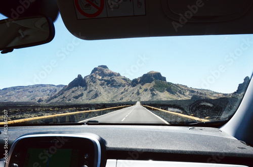 TENERIFE, SPAIN: Scenic landscape view of the Teide volcano road with the forest around 