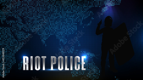abstract futuristic technology blue background of silhouette riot police and world map