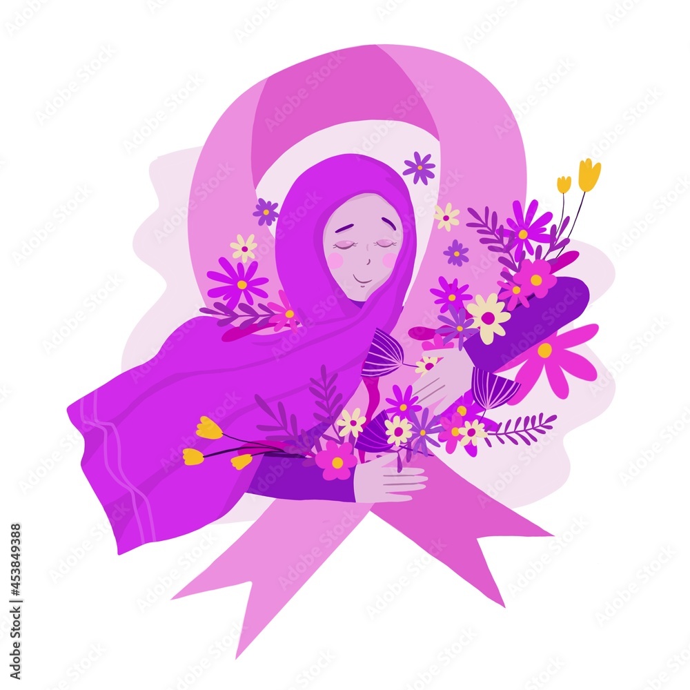 hand drawn breast cancer awareness illustration with a woman in hijab and floral around hand drawn breast cancer awareness illustration with a woman in hijab and floral around