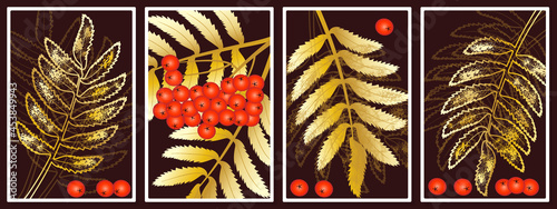 rowan leaves and berries - wall art vector set, - for wall framed prints, canvas prints, poster, home decor
