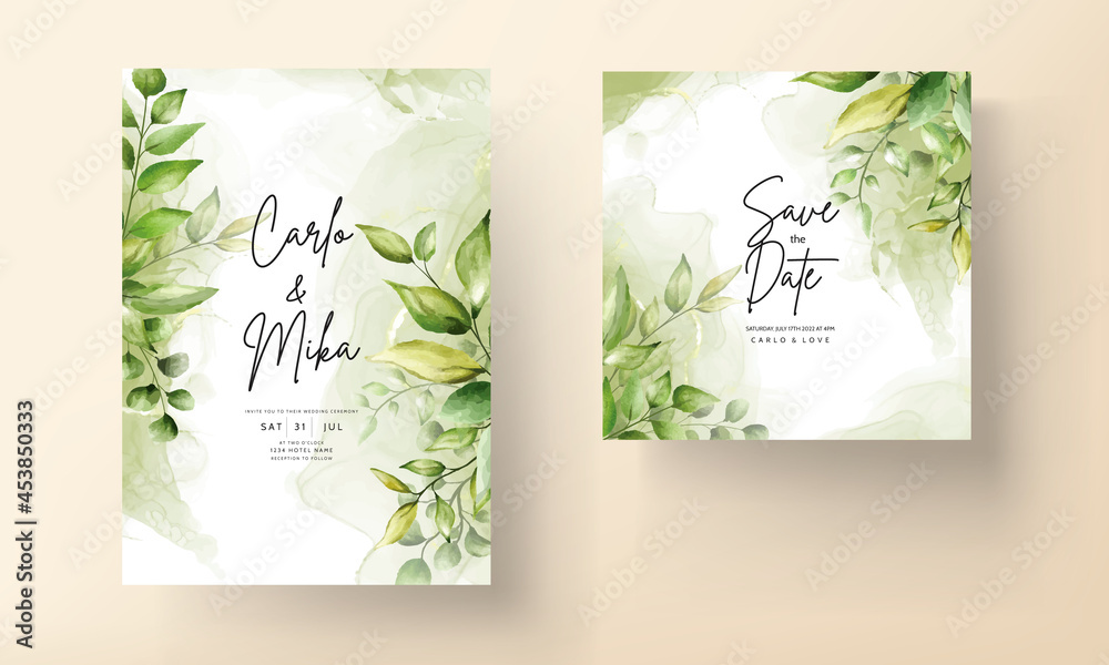 Elegant wedding invitation card with beautiful watercolor leaves