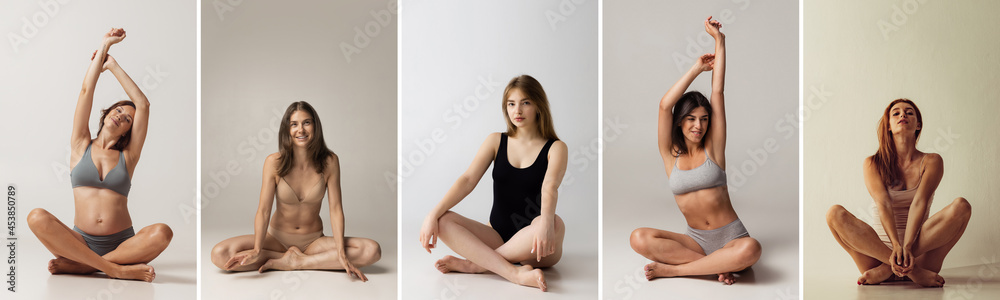 Collage of young adorable women in lingerie sitting on floor isolated over gray studio background. Natural beauty concept. Collage of young adorable women in lingerie sitting on floor isolated over gray studio background. Natural beauty concept.