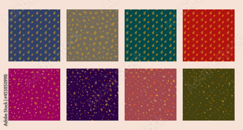 Set collection of leaf seamless pattern in multicolored background.