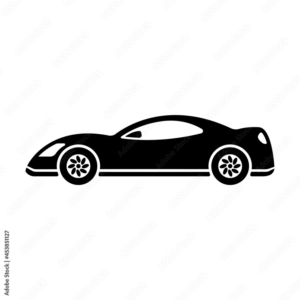 Car icon. Sports racing vehicle. Black silhouette. Side view. Vector simple flat graphic illustration. The isolated object on a white background. Isolate.