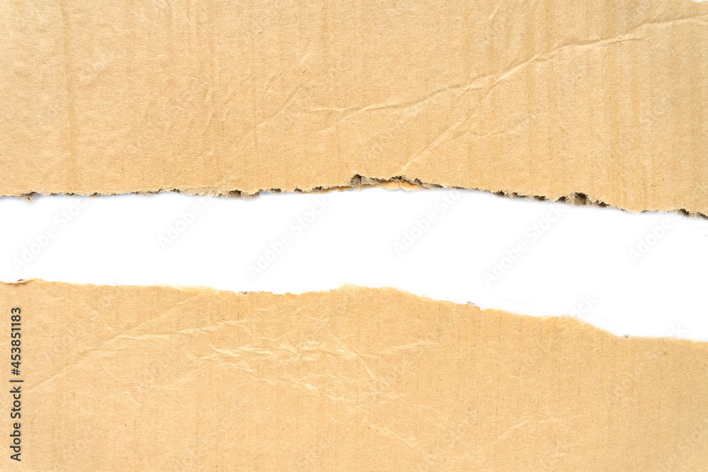 Recycled paper craft stick on a white background. Brown paper torn or ripped pieces of paper isolated on white background.
