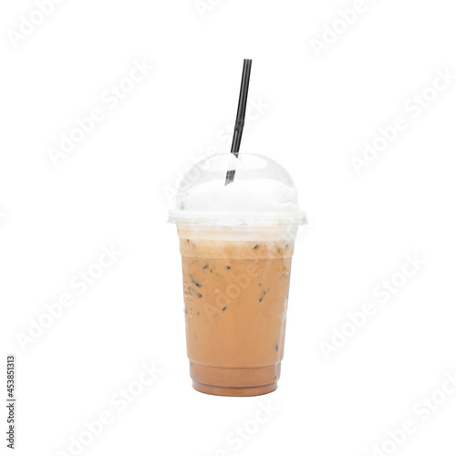 cappuccino iced coffee on  top milk froth isolated  white background