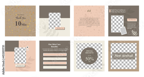 Minimal modern fashion and beauty social media post banner collection kit in pink color. Including sale, photo isolated product display, tips template layout design with botanical leaf elements.