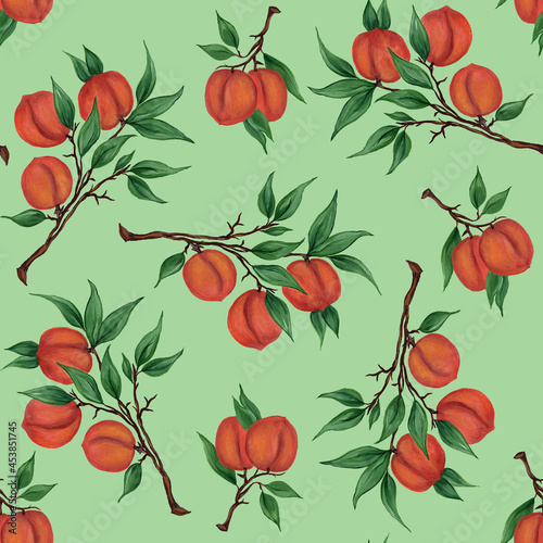 Peaches, apricots on the branches with green leaves. Seamless pattern. Tropical summer fruits. Watercolor illustration. For printing on fabric, packaging design.