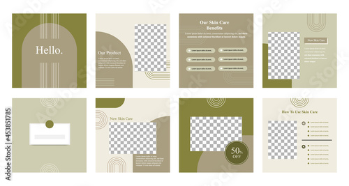 Minimal modern fashion and beauty social media post banner collection kit in green color. Including sale, photo isolated product display, tips template layout design with botanical leaf elements.