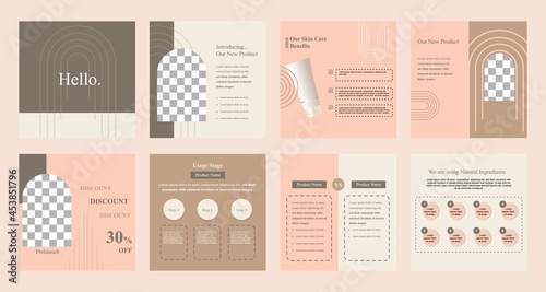 Minimal modern fashion and beauty social media post banner collection kit in pink color. Including sale, photo isolated product display, tips template layout design with botanical leaf elements.