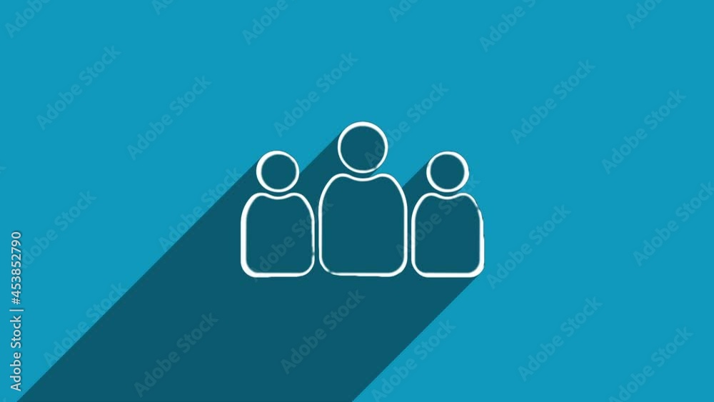 White line three people icon with shadow isolated on blue background. Shadow reflection design. 4K video motion graphic animation. White line three people icon with shadow isolated on blue background. Shadow reflection design. 4K video motion graphic animation.
