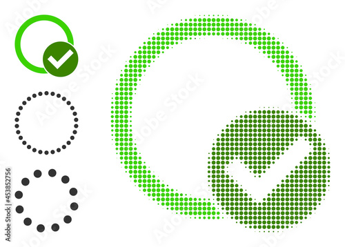 Halftone validation circle. Dotted validation circle constructed with small circle dots. Vector illustration of validation circle icon on a white background. Halftone array contains circle dots.