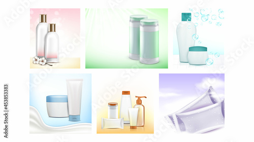 Baby Cosmetics Promotional Posters Set Vector. Shampoo And Gel, Lotion And Cream, Wet Wipes And Powder Baby Cosmetics Blank Packages Collection Advertise Banners. Style Concept Layout Illustrations