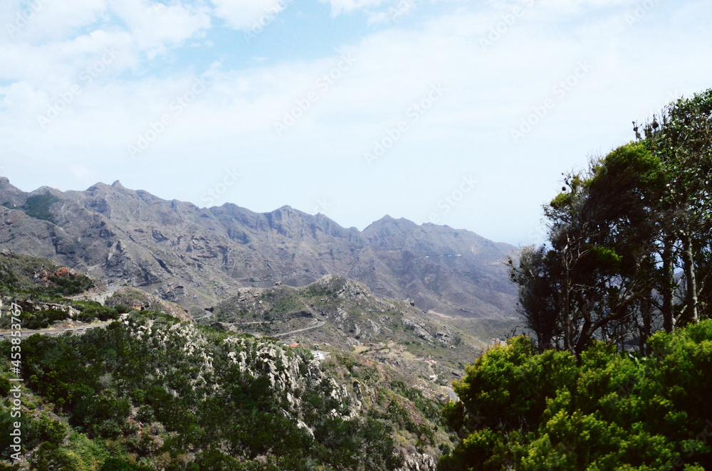 TENERIFE, SPAIN: Scenic landscape view of the Anaga natural park rocks and roads