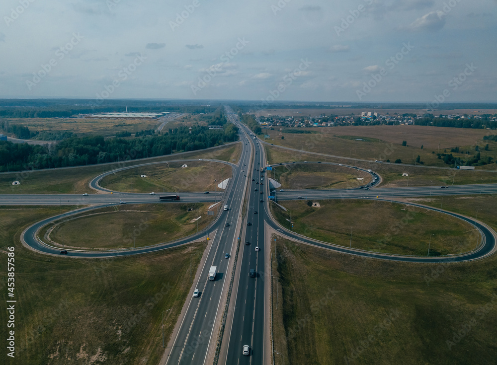 Transport junction traffic road. Aerial view of M7 highway. Kazan, Russia