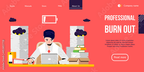 Stressed Office Worker sitting Behind the Desk and uses Laptop. Vector Banner Design for Professional Help with Work Stress or Burnout Syndrome. Landing Page for Stress Management Courses.