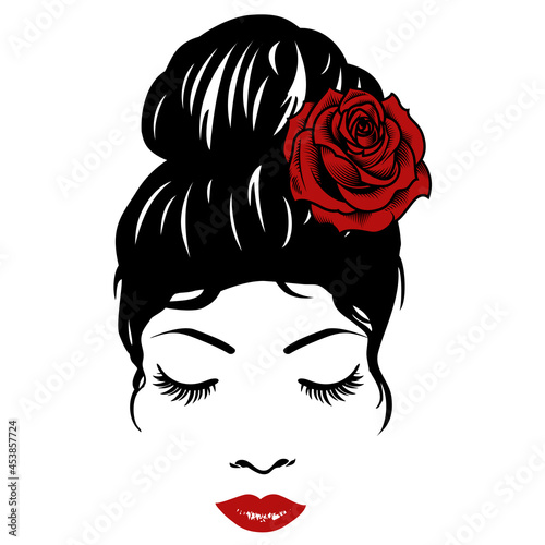 Messy bun red rose woman's face