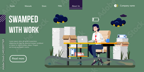 Stressed Office Worker Swamped with Work. Overwhelmed with Work Employee sitting in the Swamp. Vector Banner Design for Professional Help with Burnout Syndrome. Landing Page for Stress Management.