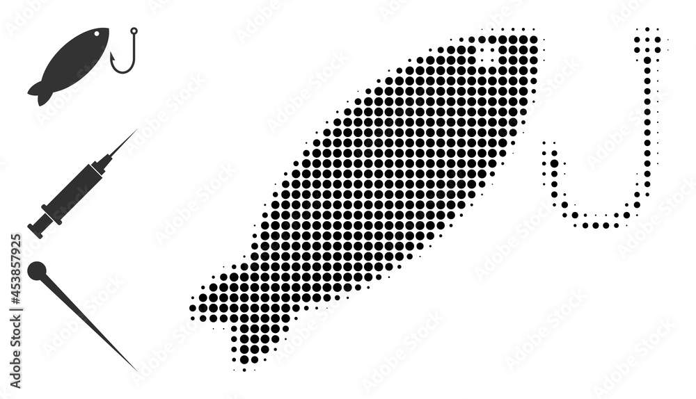 Halftone fishing. Dotted fishing constructed with small circle pixels. Vector illustration of fishing icon on a white background. Halftone pattern contains circle points.
