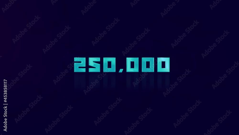 Animation of retro 250K text glitching on blue background. Old tv glitch interference screen. 250000 subscribers. 250K followers. 4K Video motion graphic animation.