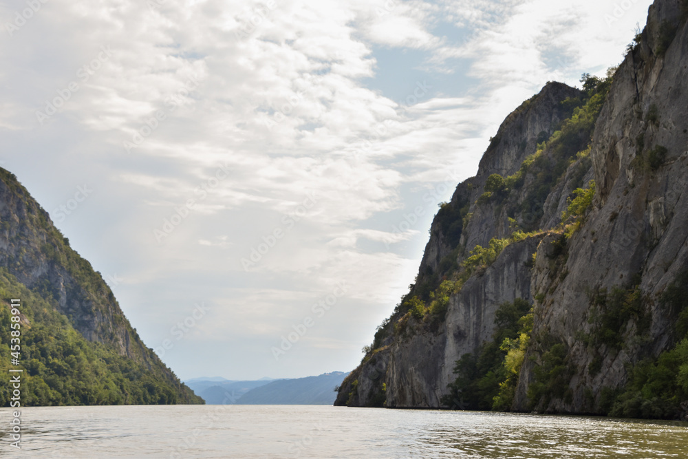 Danube Gorges, Cazanele Mari, Romania. August 2021: Where the Danube meets the Carpathian Mountains