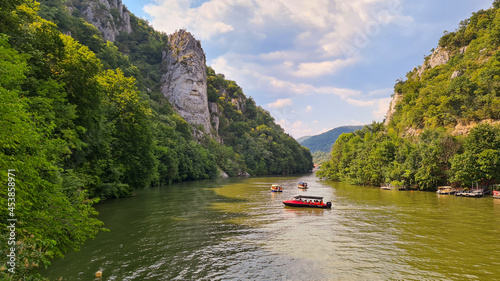 Danube Gorges, Cazanele Mari, Romania. August 2021: Where the Danube meets the Carpathian Mountains photo