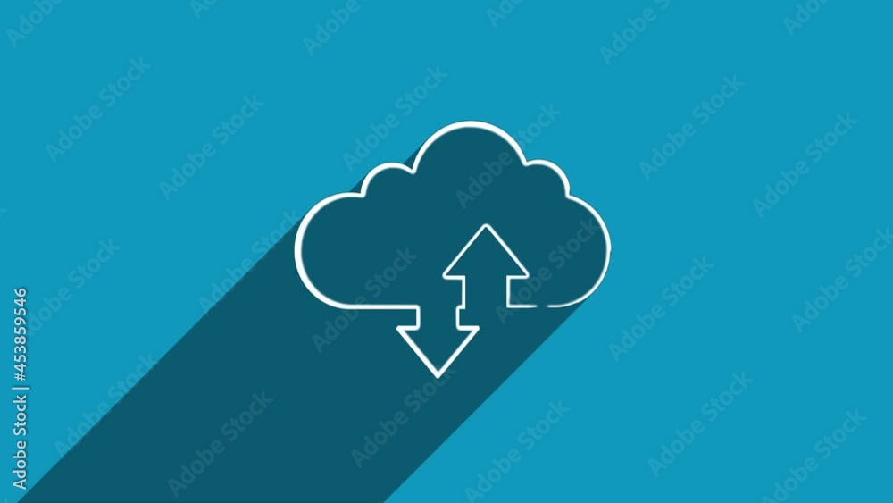 White line cloud download and upload icon with shadow isolated on blue background. Shadow reflection design. 4K video motion graphic animation. White line cloud download and upload icon with shadow isolated on blue background. Shadow reflection design. 4K video motion graphic animation.