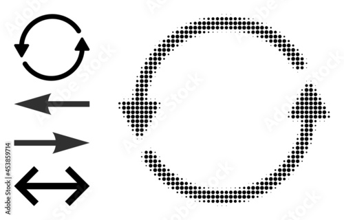 Halftone update arrows. Dotted update arrows constructed with small circle pixels. Vector illustration of update arrows icon on a white background. Halftone pattern contains circle pixels.