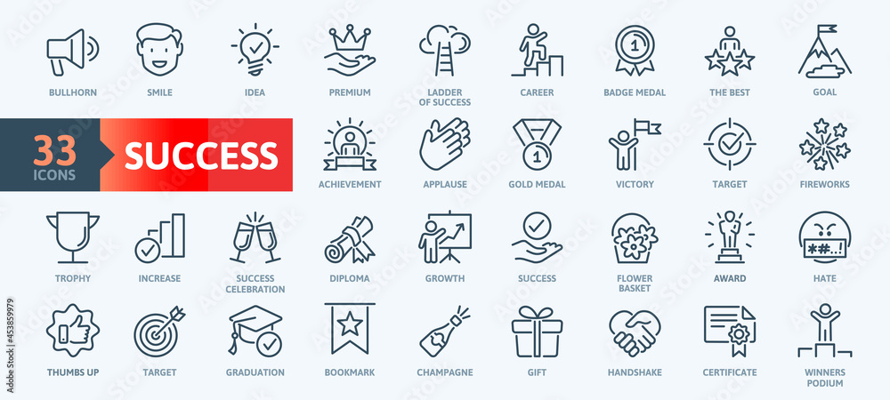 Web Set of Success, Goals and Target Related Vector Thin Line Icons. Contains such Icons as Achievment, Handshake, Victory and more. Outline icons collection. Simple vector illustration. - obrazy, fototapety, plakaty 
