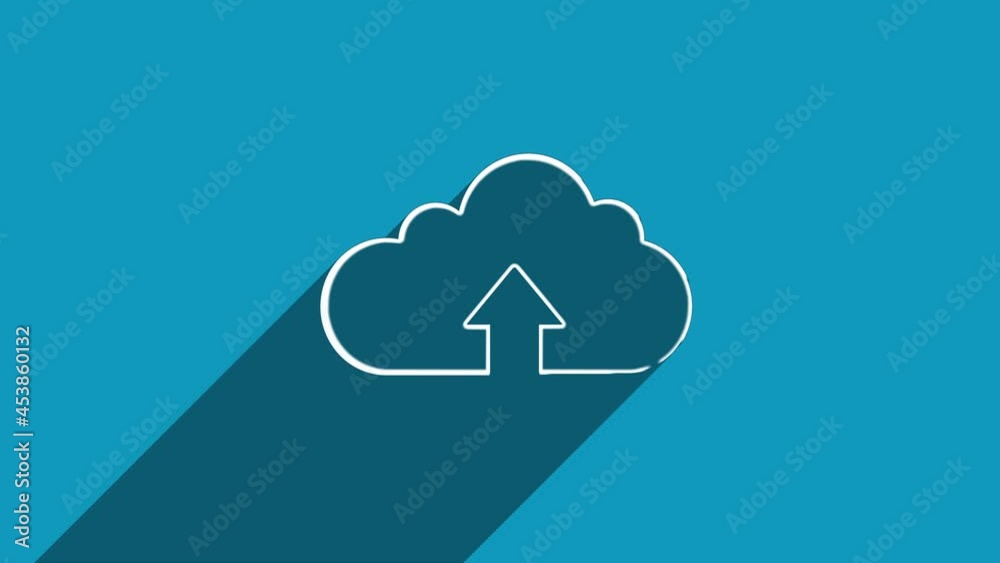 White line cloud upload icon with shadow isolated on blue background. Shadow reflection design. 4K video motion graphic animation. White line cloud upload icon with shadow isolated on blue background. Shadow reflection design. 4K video motion graphic animation.